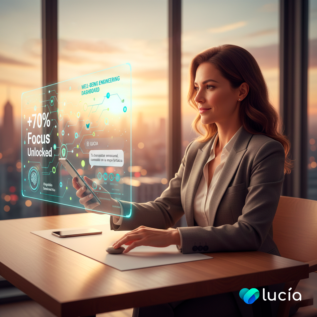 "Dashboard de rendimiento emocional", "Profesional usando WhatsApp para gestión emocional", "Liderazgo y bienestar estratégico"